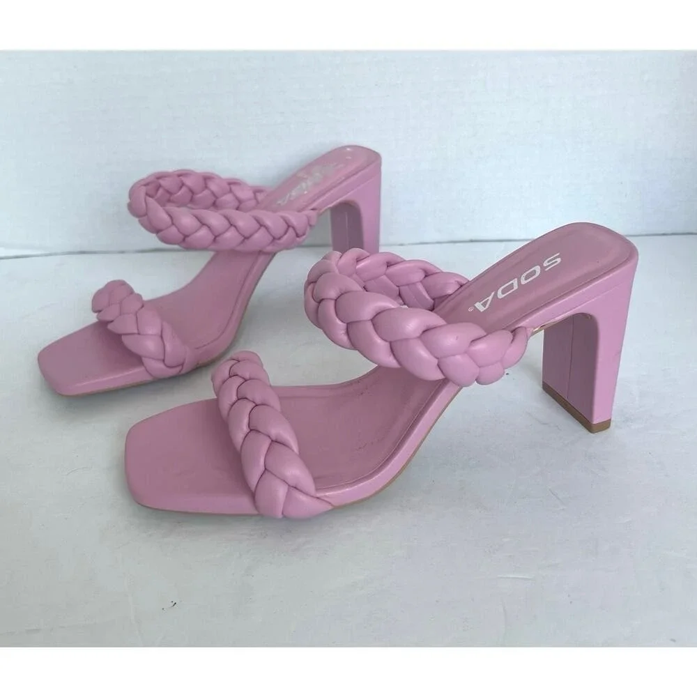 NWOT SODA Braided Strap Square Toe Sandal PinkVegan Leather‎ Dressy High Heels 7